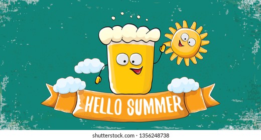vector hello summer horizontal banner with cartoon funky beer glass character and summer sun on grunge background. Funny cartoon smiling friends 