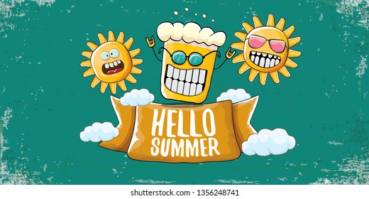 vector hello summer horizontal banner with cartoon funky beer glass character and summer sun on grunge background. Funny cartoon smiling friends 
