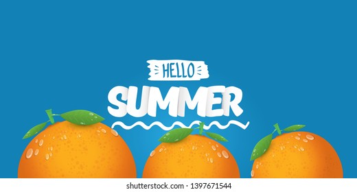 Vector Hello Summer horizontal banner or flyer Design template with fresh orange fruit isolated on blue background. Hello summer concept label or poster with fruit and letternig text.