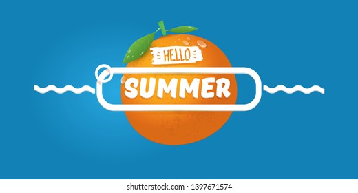 Vector Hello Summer horizontal banner or flyer Design template with fresh orange fruit isolated on blue background. Hello summer concept label or poster with fruit and letternig text.