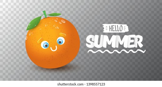 Vector Hello Summer horizontal banner or flyer Design template with fresh orange fruit isolated on transparent background. Hello summer concept label or poster with fruit and letternig text.