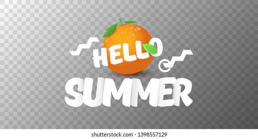Vector Hello Summer horizontal banner or flyer Design template with fresh orange fruit isolated on transparent background. Hello summer concept label or poster with fruit and letternig text.