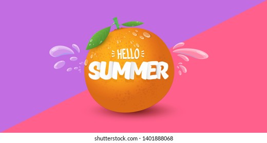 Vector Hello Summer horizontal banner or flyer Design template with fresh orange fruit isolated on color pink and violet background. Hello summer concept label or poster with fruit and letternig text

