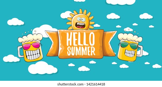 vector hello summer horizontal banner with cartoon funky beer glass character and summer sun on blue background with clouds. Funny cartoon smiling friends 