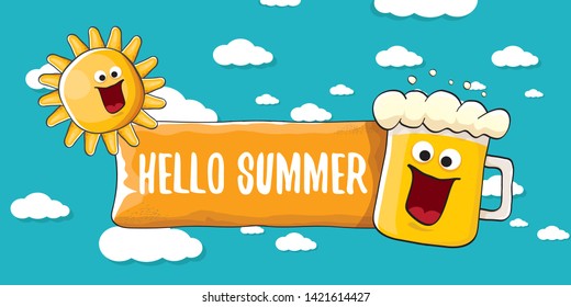 vector hello summer horizontal banner with cartoon funky beer glass character and summer sun on blue background with clouds. Funny cartoon smiling friends 