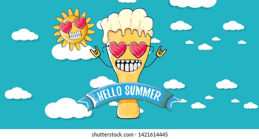 vector hello summer horizontal banner with cartoon funky beer glass character and summer sun on blue background with clouds. Funny cartoon smiling friends 