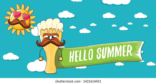 vector hello summer horizontal banner with cartoon funky beer glass character and summer sun on blue background with clouds. Funny cartoon smiling friends 