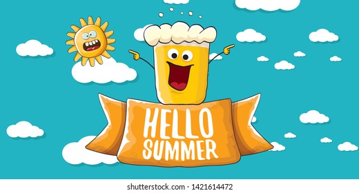 vector hello summer horizontal banner with cartoon funky beer glass character and summer sun on blue background with clouds. Funny cartoon smiling friends 