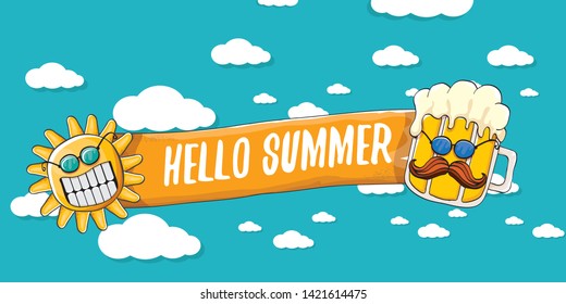 vector hello summer horizontal banner with cartoon funky beer glass character and summer sun on blue background with clouds. Funny cartoon smiling friends 