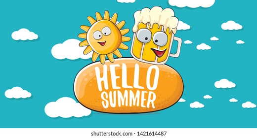 vector hello summer horizontal banner with cartoon funky beer glass character and summer sun on blue background with clouds. Funny cartoon smiling friends 