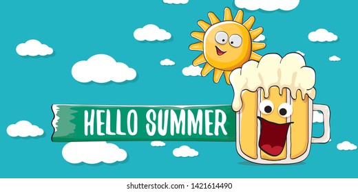 vector hello summer horizontal banner with cartoon funky beer glass character and summer sun on blue background with clouds. Funny cartoon smiling friends 