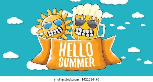 vector hello summer horizontal banner with cartoon funky beer glass character and summer sun on blue background with clouds. Funny cartoon smiling friends 