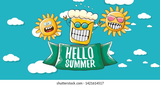 vector hello summer horizontal banner with cartoon funky beer glass character and summer sun on blue background with clouds. Funny cartoon smiling friends 