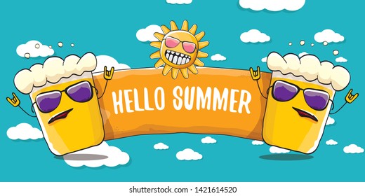 vector hello summer horizontal banner with cartoon funky beer glass character and summer sun on blue background with clouds. Funny cartoon smiling friends 