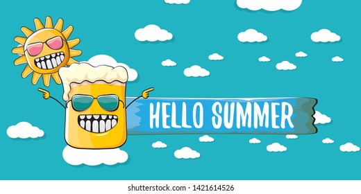 vector hello summer horizontal banner with cartoon funky beer glass character and summer sun on blue background with clouds. Funny cartoon smiling friends 