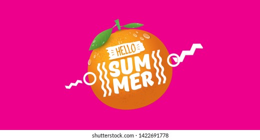 Vector Hello Summer horizontal banner or flyer Design template with fresh orange fruit isolated on pink background. Hello summer concept label or poster with fruit and letternig text 