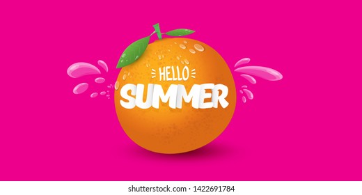 Vector Hello Summer horizontal banner or flyer Design template with fresh orange fruit isolated on pink background. Hello summer concept label or poster with fruit and letternig text 