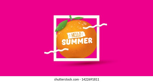 Vector Hello Summer horizontal banner or flyer Design template with fresh orange fruit isolated on pink background. Hello summer concept label or poster with fruit and letternig text 