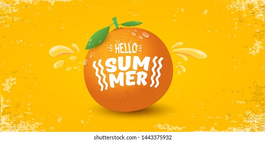 Vector Hello Summer horizontal banner or flyer Design template with fresh orange fruit isolated on orange background. Hello summer concept label or poster with fruit and letternig text 