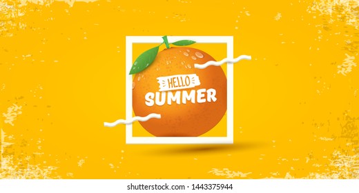 Vector Hello Summer horizontal banner or flyer Design template with fresh orange fruit isolated on orange background. Hello summer concept label or poster with fruit and letternig text 
