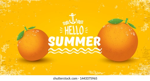 Vector Hello Summer horizontal banner or flyer Design template with fresh orange fruit isolated on orange background. Hello summer concept label or poster with fruit and letternig text 