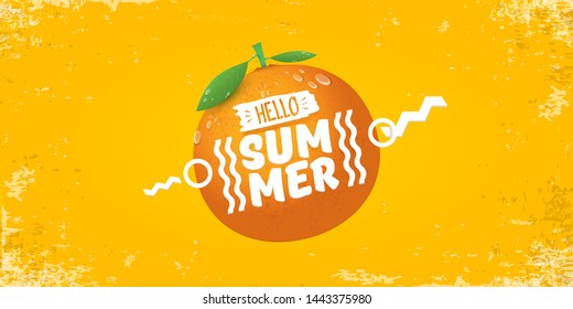 Vector Hello Summer horizontal banner or flyer Design template with fresh orange fruit isolated on orange background. Hello summer concept label or poster with fruit and letternig text 