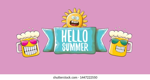 vector hello summer horizontal banner with cartoon funky beer glass character and summer sun on pink background. Funny cartoon smiling friends 
