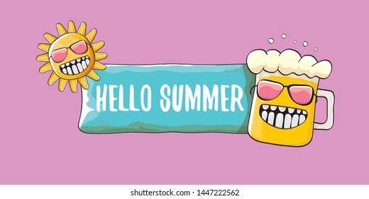 vector hello summer horizontal banner with cartoon funky beer glass character and summer sun on pink background. Funny cartoon smiling friends 
