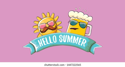 vector hello summer horizontal banner with cartoon funky beer glass character and summer sun on pink background. Funny cartoon smiling friends 