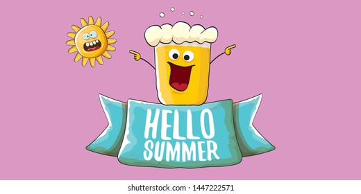 vector hello summer horizontal banner with cartoon funky beer glass character and summer sun on pink background. Funny cartoon smiling friends 