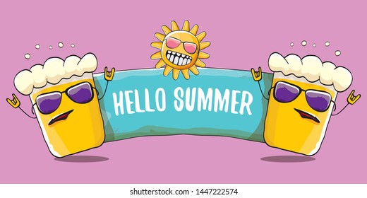 vector hello summer horizontal banner with cartoon funky beer glass character and summer sun on pink background. Funny cartoon smiling friends 