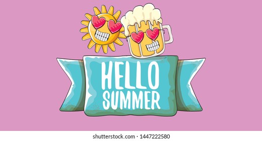 vector hello summer horizontal banner with cartoon funky beer glass character and summer sun on pink background. Funny cartoon smiling friends 