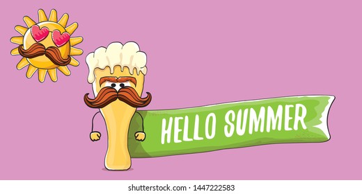 vector hello summer horizontal banner with cartoon funky beer glass character and summer sun on pink background. Funny cartoon smiling friends 
