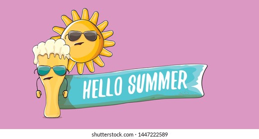 vector hello summer horizontal banner with cartoon funky beer glass character and summer sun on pink background. Funny cartoon smiling friends 