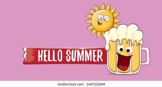 vector hello summer horizontal banner with cartoon funky beer glass character and summer sun on pink background. Funny cartoon smiling friends 