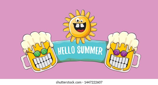 vector hello summer horizontal banner with cartoon funky beer glass character and summer sun on pink background. Funny cartoon smiling friends 