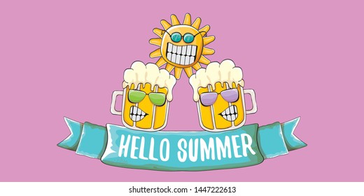 vector hello summer horizontal banner with cartoon funky beer glass character and summer sun on pink background. Funny cartoon smiling friends 