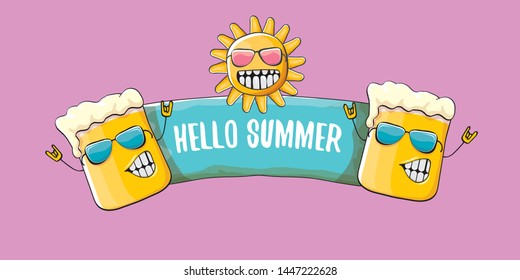 vector hello summer horizontal banner with cartoon funky beer glass character and summer sun on pink background. Funny cartoon smiling friends 
