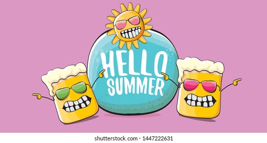 vector hello summer horizontal banner with cartoon funky beer glass character and summer sun on pink background. Funny cartoon smiling friends 
