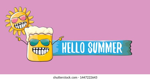 vector hello summer horizontal banner with cartoon funky beer glass character and summer sun on pink background. Funny cartoon smiling friends 