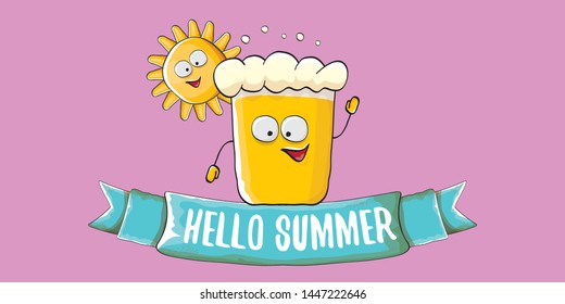 vector hello summer horizontal banner with cartoon funky beer glass character and summer sun on pink background. Funny cartoon smiling friends 