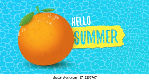 Vector Hello Summer horizontal banner or flyer Design template with fresh orange fruit isolated on azure water background. Hello summer concept label or poster with fruit and letternig text