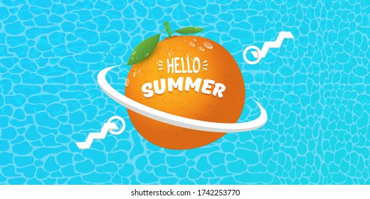 Vector Hello Summer horizontal banner or flyer Design template with fresh orange fruit isolated on azure water background. Hello summer concept label or poster with fruit and letternig text