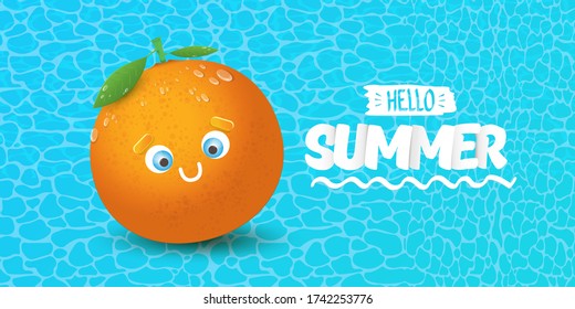 Vector Hello Summer horizontal banner or flyer Design template with fresh orange fruit isolated on azure water background. Hello summer concept label or poster with fruit and letternig text