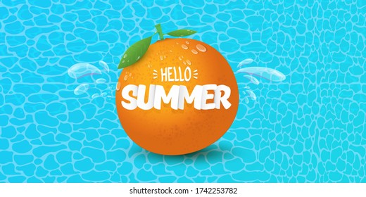 Vector Hello Summer horizontal banner or flyer Design template with fresh orange fruit isolated on azure water background. Hello summer concept label or poster with fruit and letternig text