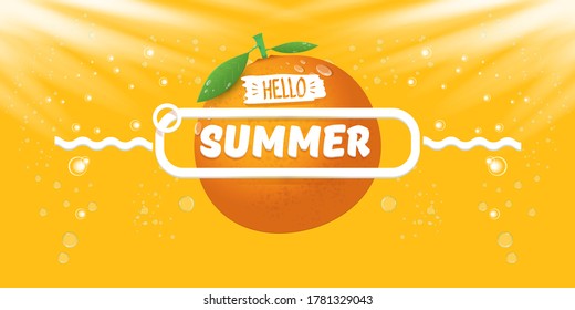 Vector Hello Summer horizontal banner or flyer Design template with fresh orange fruit isolated on orange background with lights. Hello summer concept label or poster with fruit and letternig text 