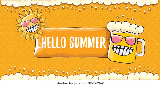 vector hello summer horizontal banner with cartoon funky funny beer glass character and smiling summer sun on orange beer background with foam. Funny cartoon crazy smiling friends 