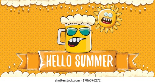 vector hello summer horizontal banner with cartoon funky funny beer glass character and smiling summer sun on orange beer background with foam. Funny cartoon crazy smiling friends 