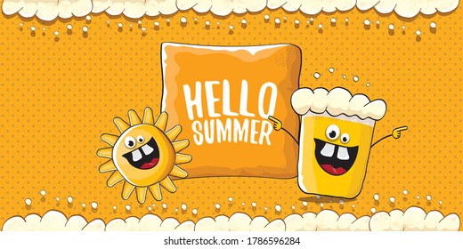 vector hello summer horizontal banner with cartoon funky funny beer glass character and smiling summer sun on orange beer background with foam. Funny cartoon crazy smiling friends 