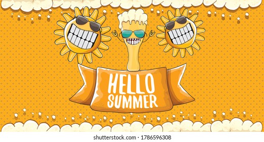 vector hello summer horizontal banner with cartoon funky funny beer glass character and smiling summer sun on orange beer background with foam. Funny cartoon crazy smiling friends 